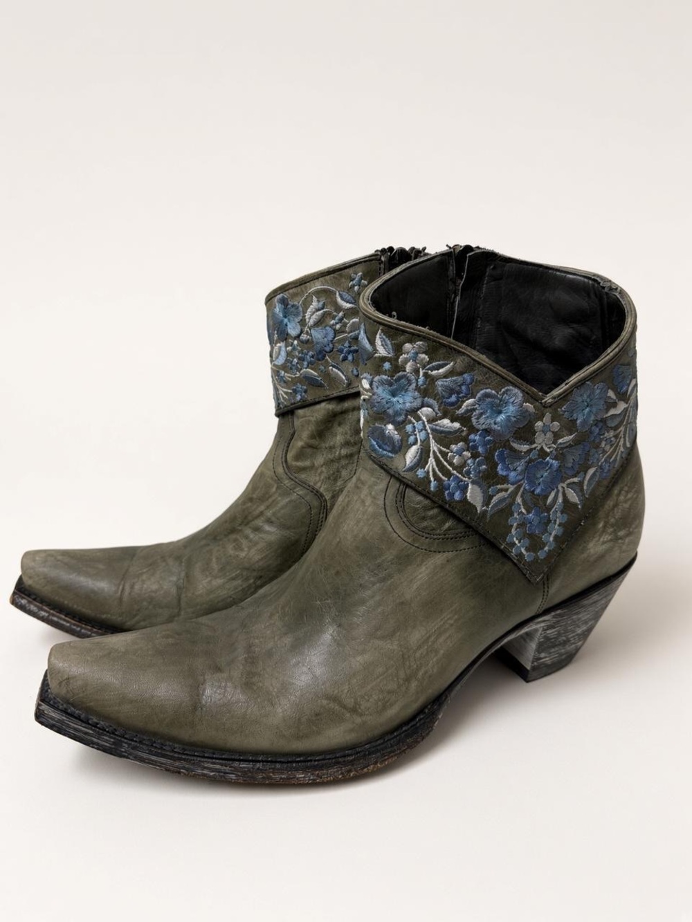 Old Gringo Olive Green Ankle Boots with Blue Floral Embroidery